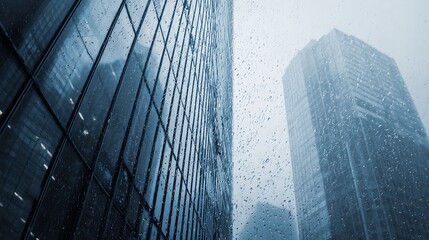 Fototapeta premium Modern glass skyscrapers in a rainy city street.
