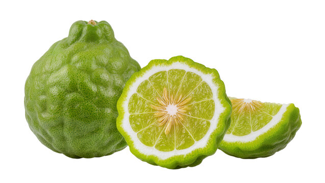 Whole and sliced green kaffir lime fruits with visible pulp and seeds