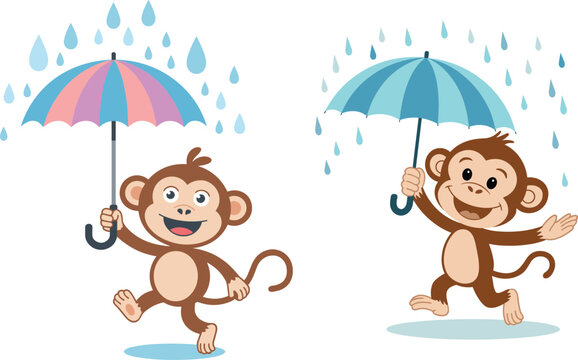 Cute cartoon monkeys holding umbrellas in rainy weather illustration isolated on light background for children design