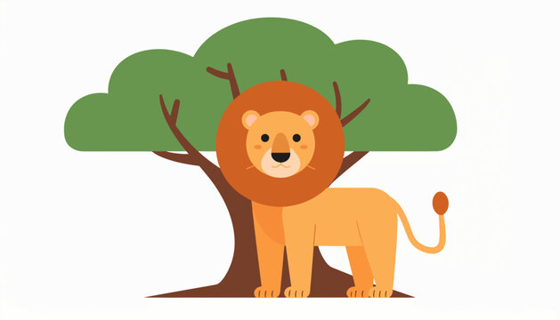 Stylized cartoon lion stands under a large green tree
