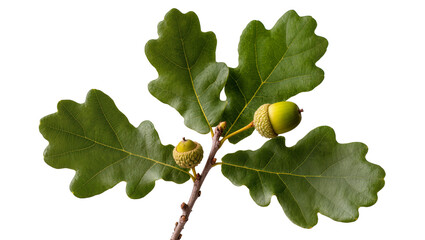 Oak branch with green leaves and unripe acorns