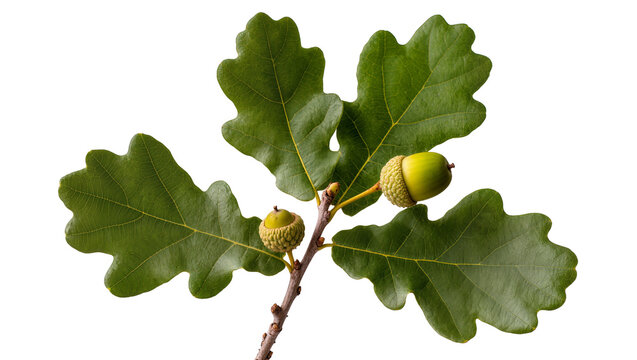 Oak branch with green leaves and unripe acorns