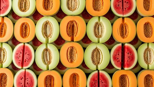 Flat Lay Pattern of Halved Cantaloupe Honeydew and Watermelon Fruits