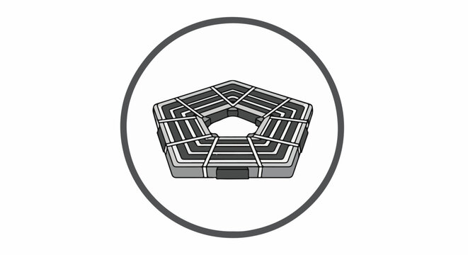 Stylized isometric illustration of a pentagonal building within a circular frame