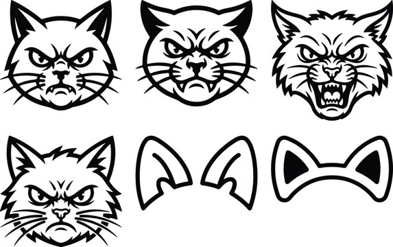 Cat icons collection. Kittens emoji symbols set. Black and white simple outline cats head emoticon pictures. Vector isolated.