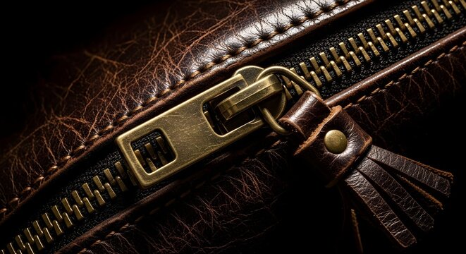 Close-up of a vintage brass zipper on a brown textured leather bag, elegant fashion accessory details with dramatic lighting