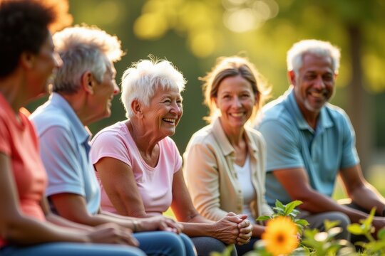 Happy senior friends sitting together in a park during sunset