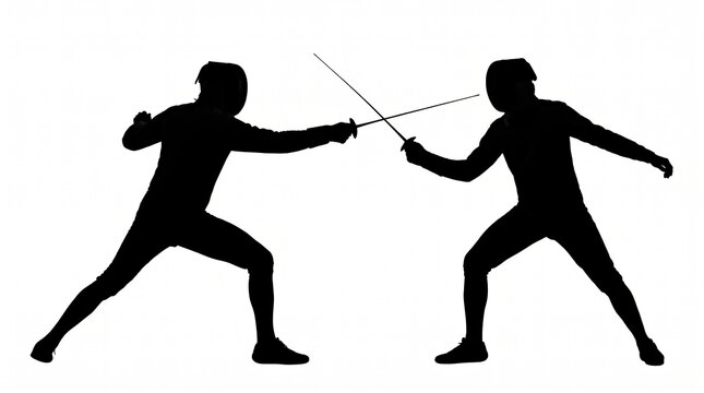 Dynamic Silhouette of Two Fencers in Foil Duel Action Against Neutral Plain Background
