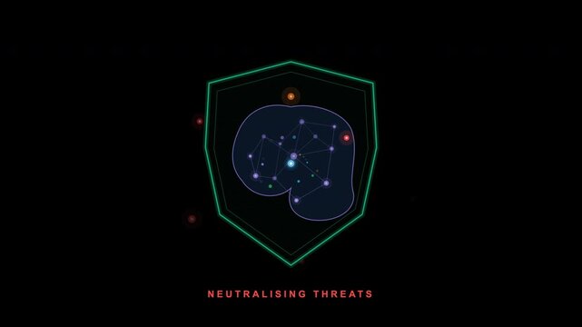 Futuristic green shield icon with a glowing digital brain map display, ideal for cyber security graphics or technologyrelated designs.