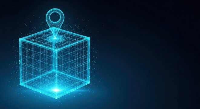 Digital blue wireframe cube with a location pin icon illustration