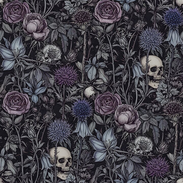 A vintage seamless dark gothic floral pattern with various flowers thorns and human skulls on a black background Halloween concept.