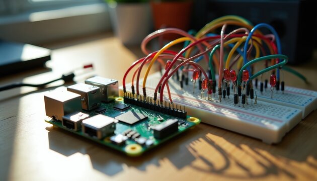 computer board connects to breadboard with resistors LEDs jumper wires. Electronic components circuit wiring for DIY project. Hobbyist tech assembly for smart device.