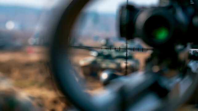 Defocused view through gun sights aimed at tank on dry ground during military exercises, targeting system, weapon scope perspective, combat training, tactical aiming, armored