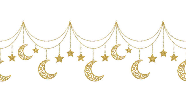 Seamless border with hanging gold crescent moons and stars on chains against a black background, repeating festive decorative garland pattern