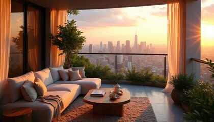 Fototapeta premium Modern apartment balcony lounge area with sofa, coffee table overlooks city skyline at sunset. Outdoor terrace with plush furniture, potted plants provides comfortable relaxation space with amazing