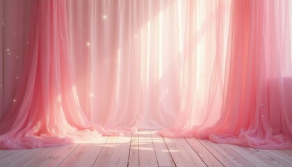 Obraz premium Soft pink sheer drapes create a dreamy backdrop with subtle sparkles. Gentle light filters through fabric, illuminating a wooden floor. Perfect for fantasy, wedding, or baby shower scenes.