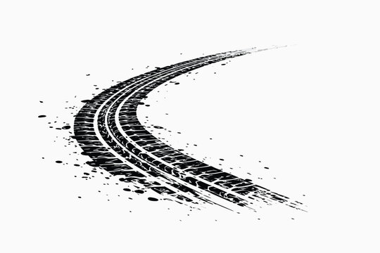 Grungy curved tire track vector illustration with black ink splatters and distressed tread pattern. Perspective road marks for automotive racing, drifting, speed, and transport design elements.