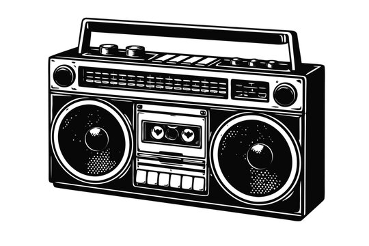 Vintage Retro Boombox Cassette Player Vector Illustraion in High Contrast Blackand White, 80s and 90s Musc Culture Icon, Portable Sereo System Graphic for Steet Style and Hip Hop Projcts