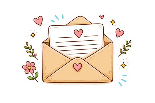Hand Drawn Doodle Illustration of an Open Envelope wih a Love Letter Inside, Deorated with Pink Hearts, Fowers, and Sparkles, Whimscal Vector for Romantic Mal, Correspondence and Inviations.