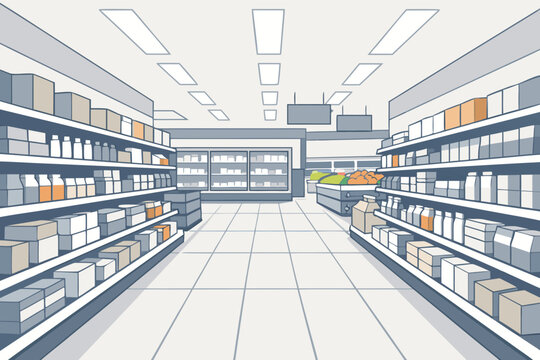 Modern Empty Supermarket Interior Vector IllustrationFeaturing Organized Shelve, Grocery Store Aisle Persective, Retail Shop Backgrund with Food Products, Prduce Section, and Bright Lghts.