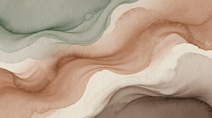Fototapeta premium Abstract fluid watercolor texture with muted sage green terracotta cream and espresso brown tones