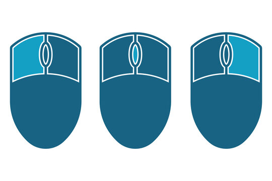 three blue computer mice with illuminated scroll wheels and distinct left and right click button highlights vector design
