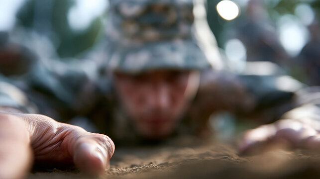 Defocused determined faceless soldier displays intense focus and strength while training, discipline and resilience during military exercises, outdoor environment, physical