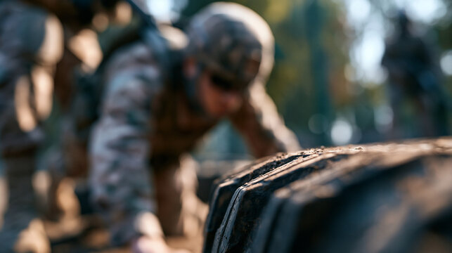 Defocused determined faceless soldier displays intense focus and strength while training, discipline and resilience during military exercises, outdoor environment, physical
