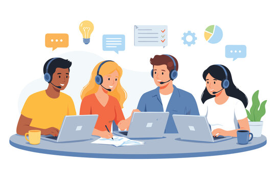 Diverse team of four call center professionals collaborating with laptops and headsets in a modern office. Customer support agents working together with digital icons for ideas, data, and tasks.