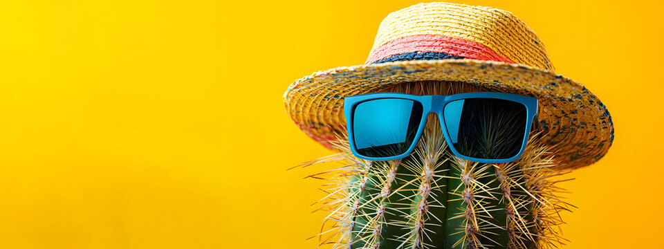 A playful cactus wearing sunglasses and a beach hat against a yellow studio background with space for text&mdash;a creative summer desert theme