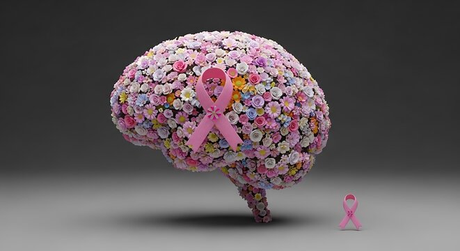 3D-rendered brain covered in pink ribbon patterns symbolizing breast cancer awareness.