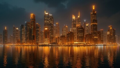 Obraz premium Gleaming skyscrapers with golden lights reflect on dark water. Modern city skyline at night, tall buildings gleam against cloudy sky. Geometric structures offer futuristic urban vista.
