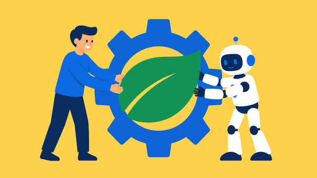 Illustrative concept of human and advanced AI robot collaboration, harmonizing technology with nature for a sustainable future and ecological innovation