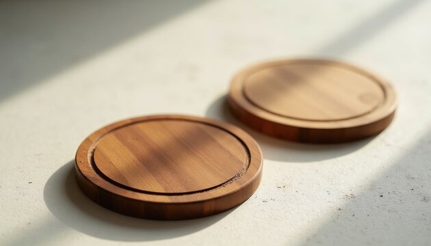 Two round wooden coasters sit on a textured surface. Natural wood grain shows on the flat top surface. Soft light creates shadows, suggesting a table or countertop.