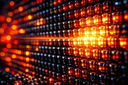 An abstract wall of glowing orange light grids creates a high tech industrial background. This atmospheric image is ideal for technology, computing, and modern data center concepts.