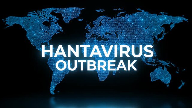 Hantavirus outbreak text displayed over a glowing blue digital world map background
