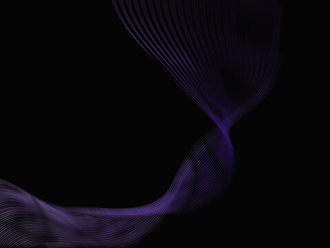 Abstract image featuring a flowing, wavy pattern of purple lines on a black background. The lines create a dynamic, fluid form, converging at a point before diverging again. The gradient effect gives 