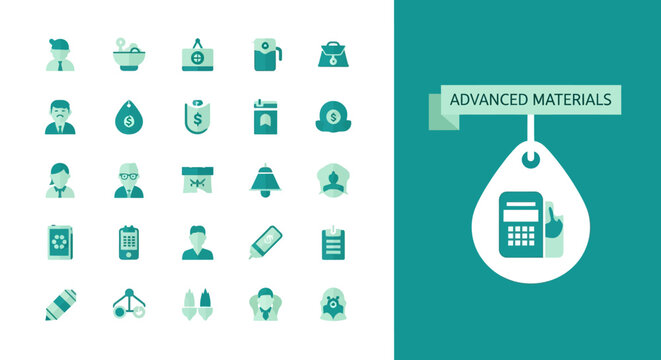 Collection of financial and business icons with advanced materials tag