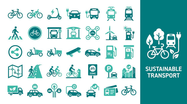 Sustainable transport icons illustrating eco-friendly mobility solutions and urban transit options