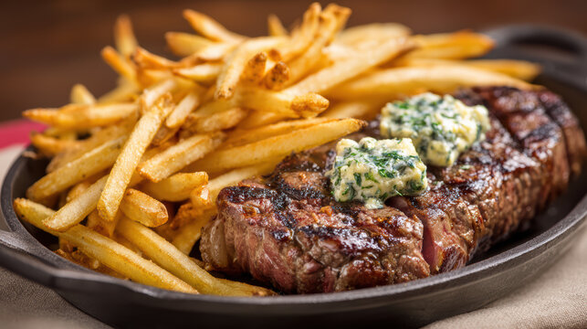 grilled steak with herb butter and fries
