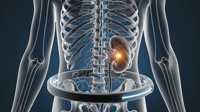Detailed 3D Illustration of Human Skeleton Anatomy Focused on Kidneys and Spine, Ideal for Medical and Health Education Against a Dark Background