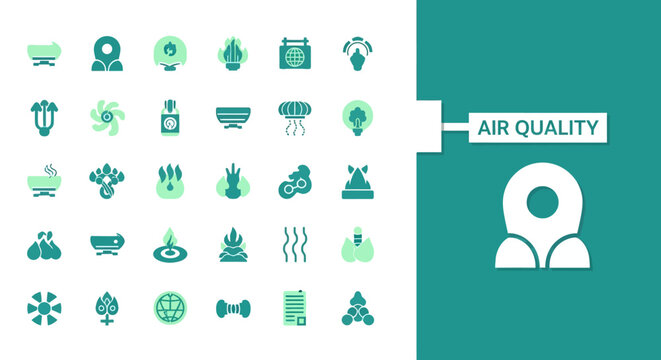 Collection of flat design icons representing air quality, pollution, and environmental factors