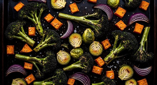 Overhead view of roasted mixed vegetables on a dark baking sheet