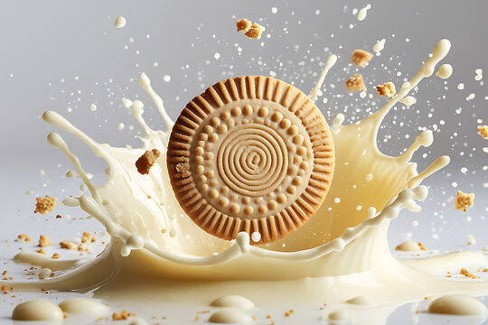 Round shortbread cookie splashing into a puddle of milk or cream.