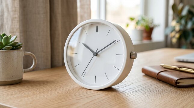 Photorealistic image of a minimalist white desk clock, analog face