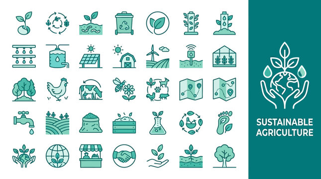 Sustainable Agriculture Icons Growing Eco-Friendly Food Production and Farming Innovations