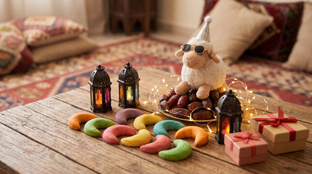 conceptual festive scene with a plush toy sheep wearing party hat and sunglasses next to traditional treats