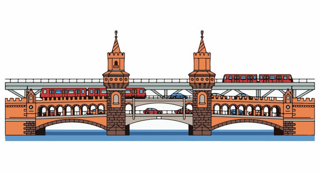 Multi-tiered bridge with trains, cars, and towers over blue water