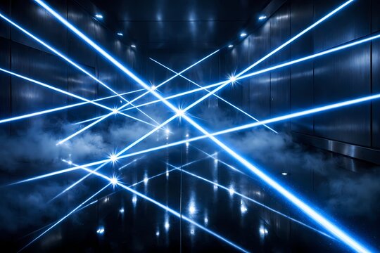 Dark reflective room filled with misty smoke and intersecting bright blue laser beams. This high quality digital rendering is ideal for security concepts and music posters.