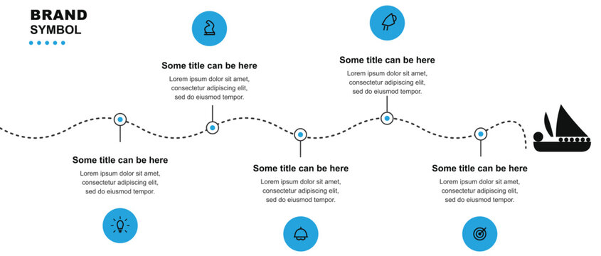 Creative business infographic roadmap diagram showcasing a dotted curved timeline with blue circle node milestones leading towards a sailboat icon
